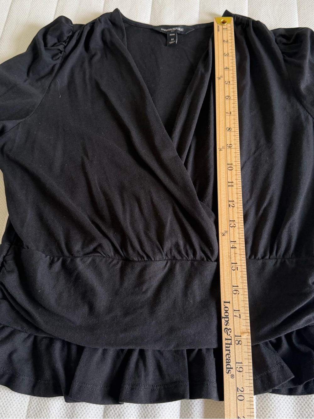 Banana Republic Black Wrap Top Petite M Long Sleeve Ruffle Hem Peplum Blouse PM - Picture 9 of 9